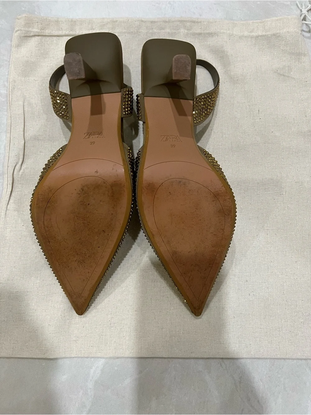 ZARA Brown Gold-Tone Crystal Pointed Slingback Heels ONLY WORN ONCE! - Picture 5 of 5